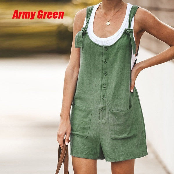 Women's Solid Color Patch Pocket Tie Cotton Linen Bib Pants