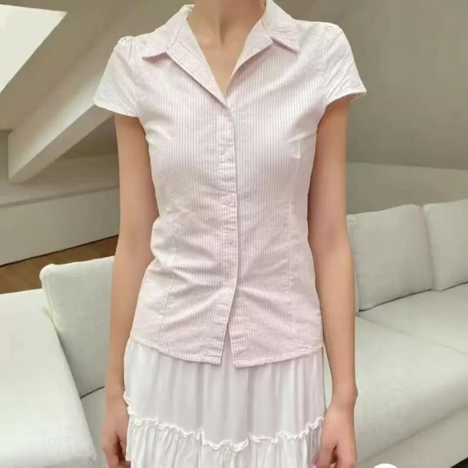 New American Red Pattern Short Sleeve Shirt Top Women
