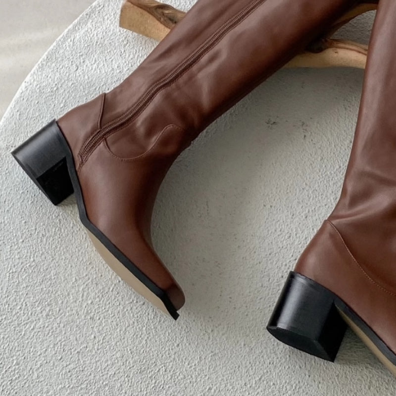 Simple Straight Square Head Below The Knee Long Boots Side Zipper