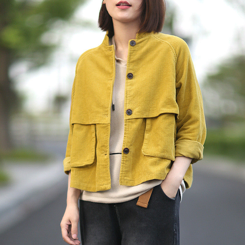 Short Stand Collar Long Sleeve Corduroy Jacket