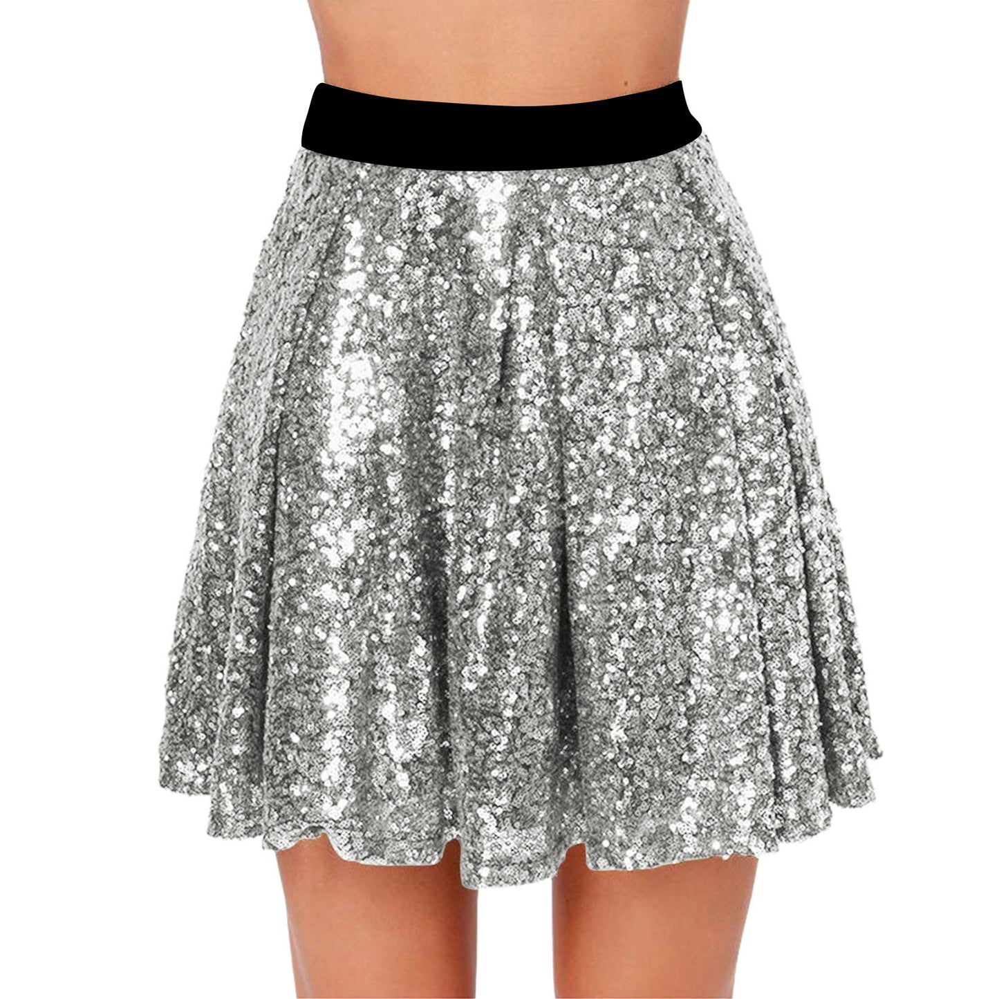 Sequin Elastic-Waist Pleated Skirt For Women