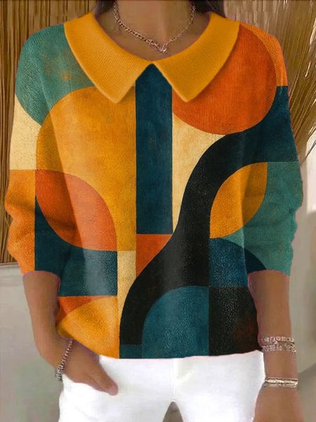 Women's Polo Collar Solid Color V-neck Long Sleeve