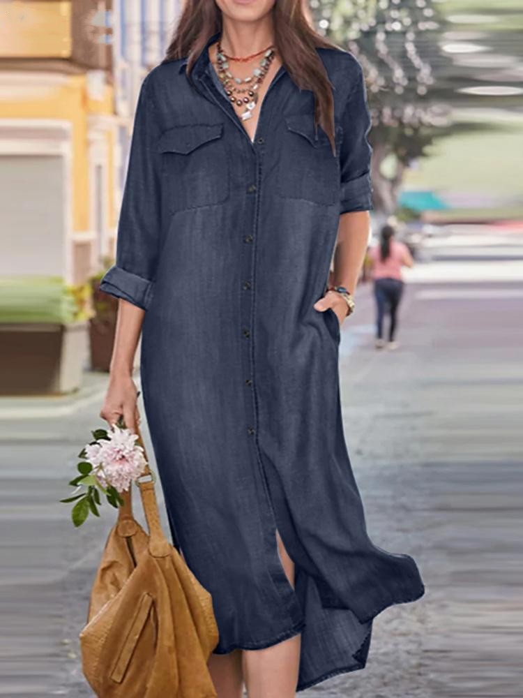 Womens Denim Casual Dress With Shirt Collar