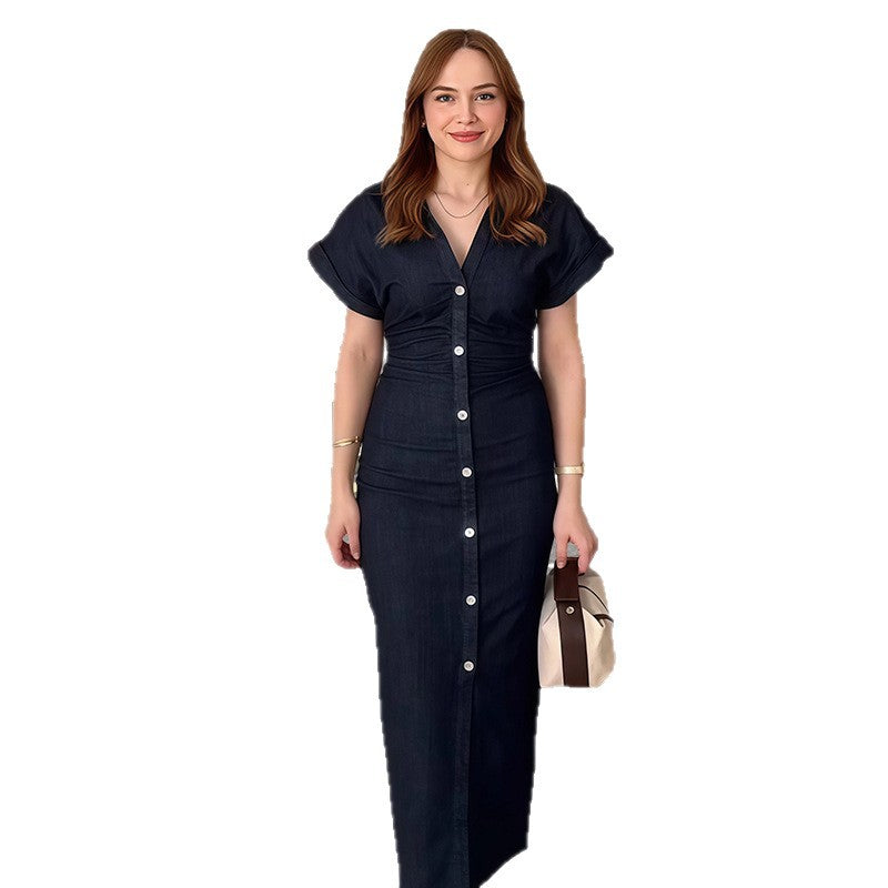 Womens Denim Dress With A Notch Lapel And Pleats