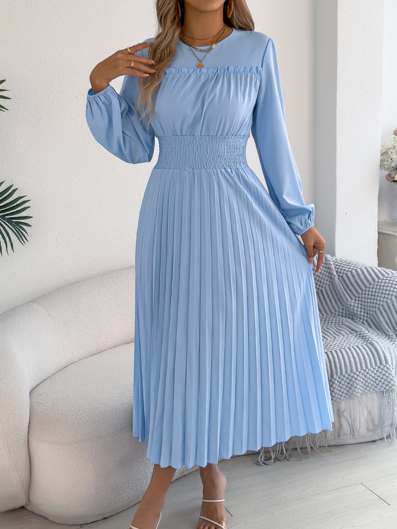 Elegant Ruffled Long-sleeve Cinched-waist Pleated Maxi Dress