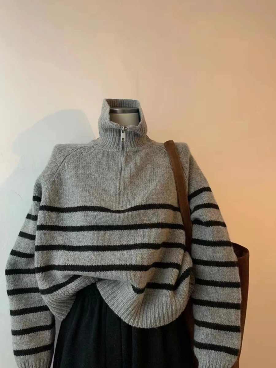 Gray Half Zip Turtleneck Striped Knitted Sweater