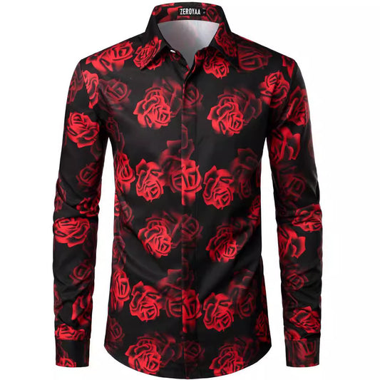 Mode 3D Rose Print Langskjorte til Mænd