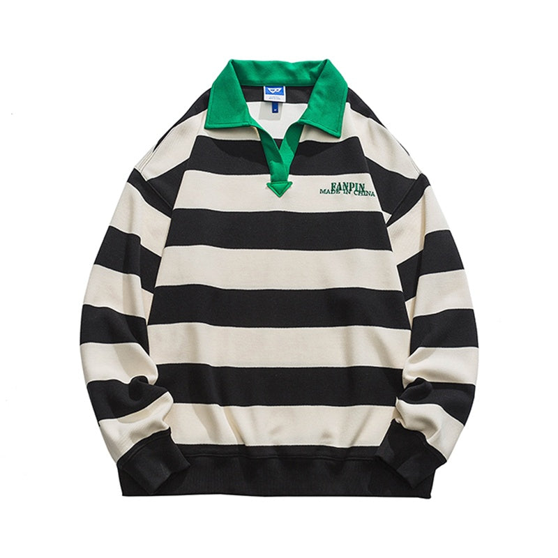 Herre Unisex Revers Stribet Broderet Sweatshirt