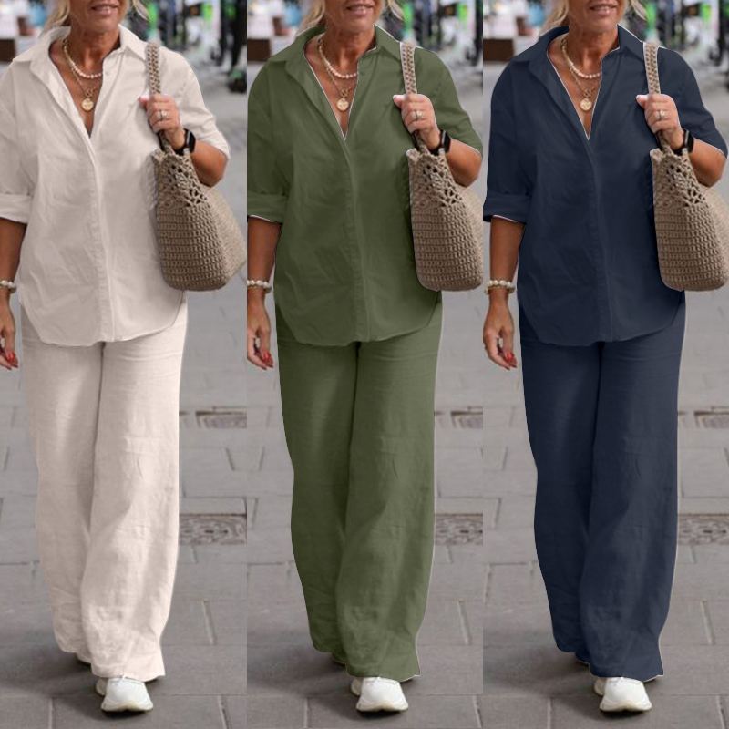 Lapel-collar Long-sleeve Shirt Casual Solid-color Pants Wide-leg Set