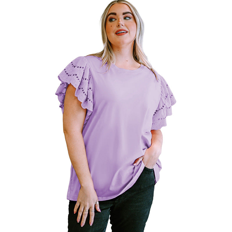Female Lace Hollow Out Versatile Casual Short Sleeved Shirt