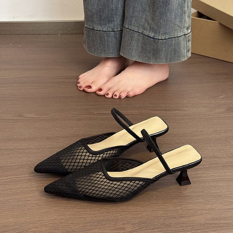 Women's Pink Mesh Pointed Toe Kitten Heel Mules, Breathable One Strap Closed Toe Slides, Fashion Low Heel Sandals For Office Daily Wear