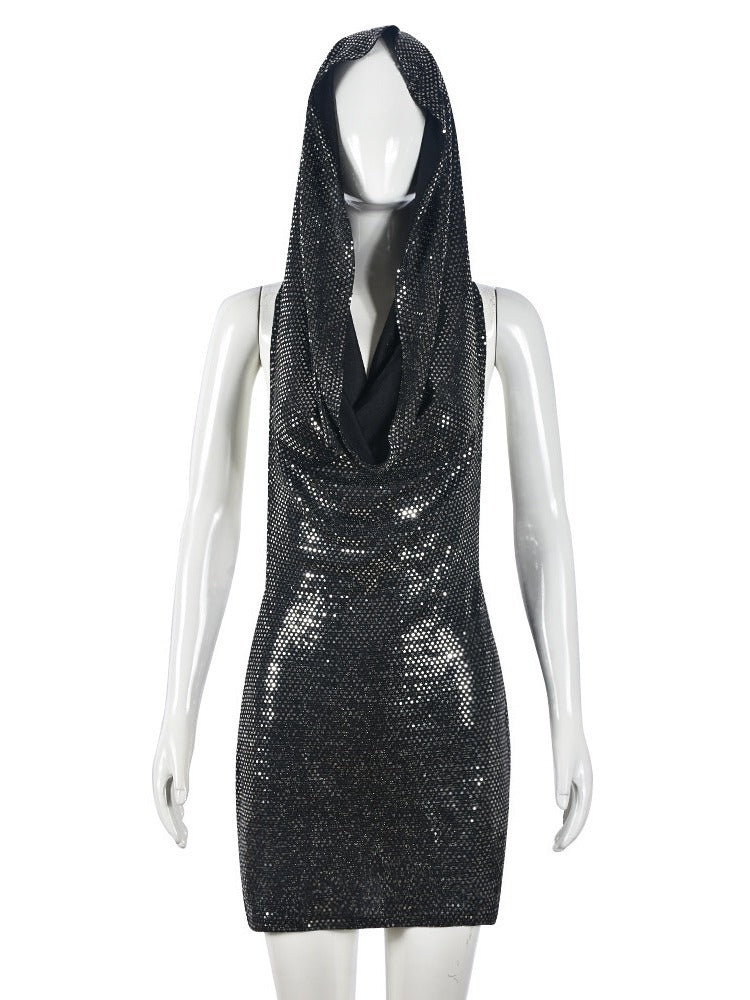 Womens Beaded Hooded Slash-Neck Hollow-Out Backless Dress