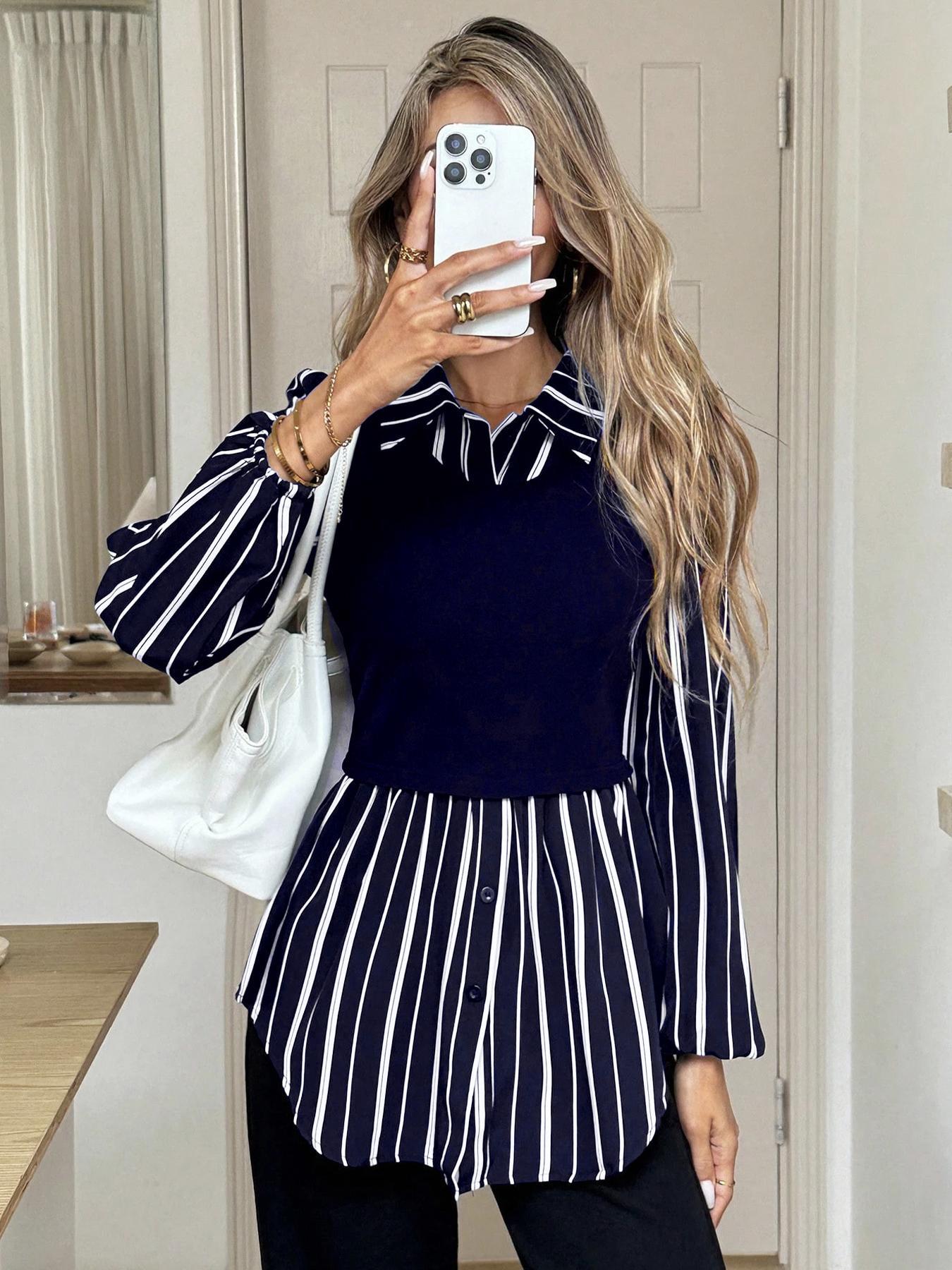 Striped Fake Two-piece Long Sleeve Shirt Women