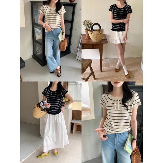 Womens Solid-Color Hollowed-Out Lace-Up Decorated Square-Neck Striped Short-Sleeve Top