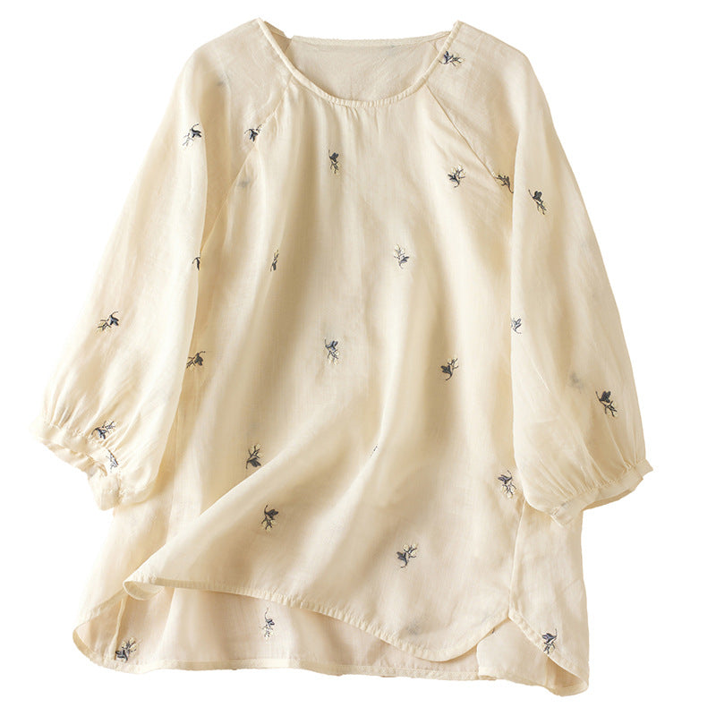 Cotton And Linen Thin Embroidery Loose Shirt