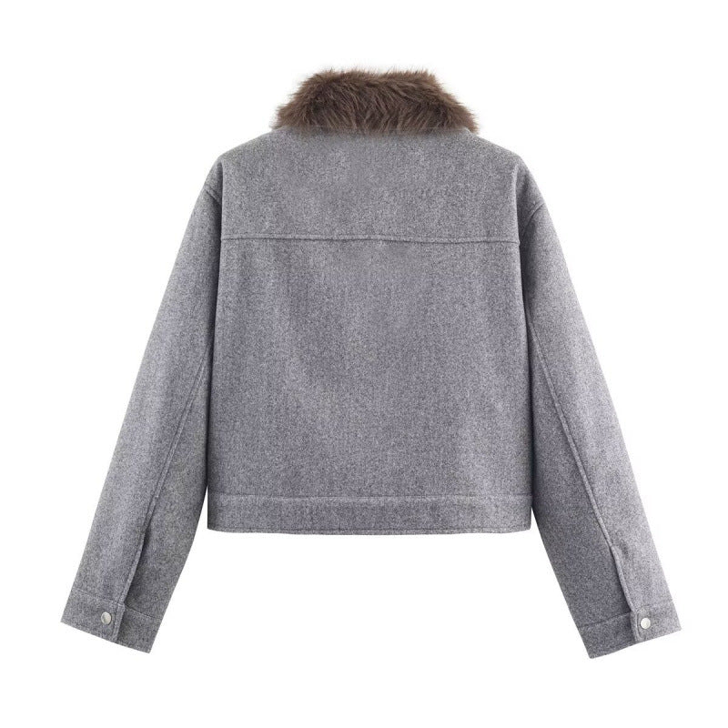 Women's Wool Lapel Single-breasted Long Sleeve Pocket Trim Jacket