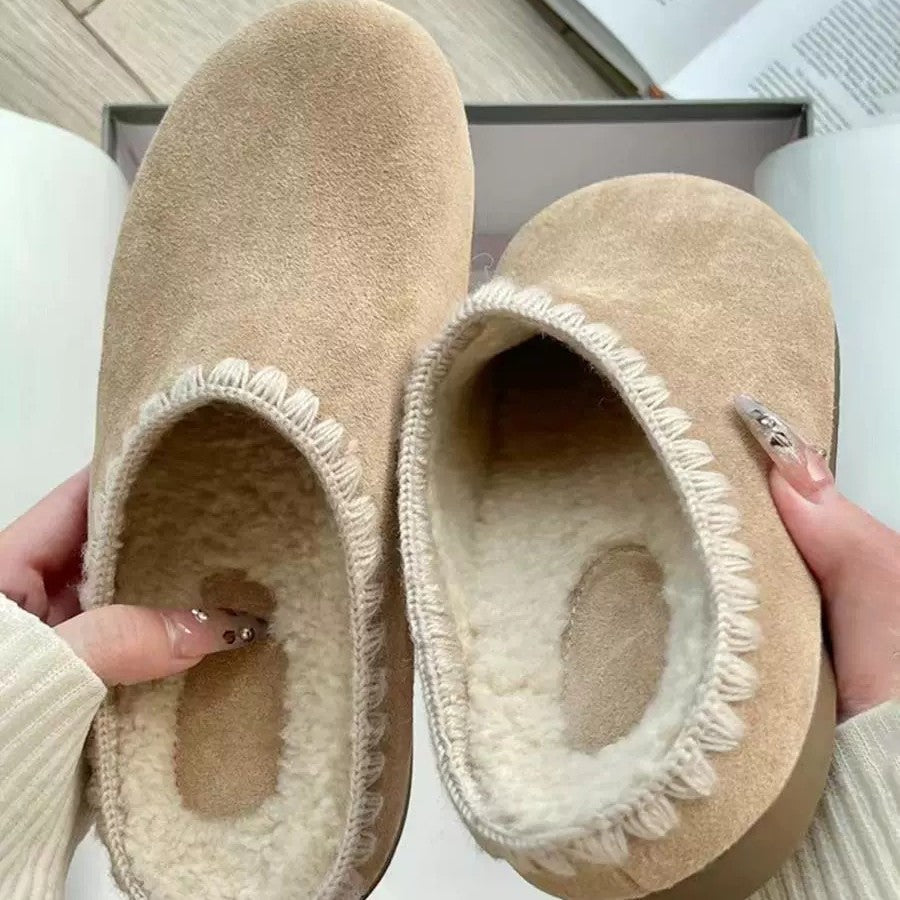 Women's Casual Fleece-lined Platform Fur Closed-toe Slippers
