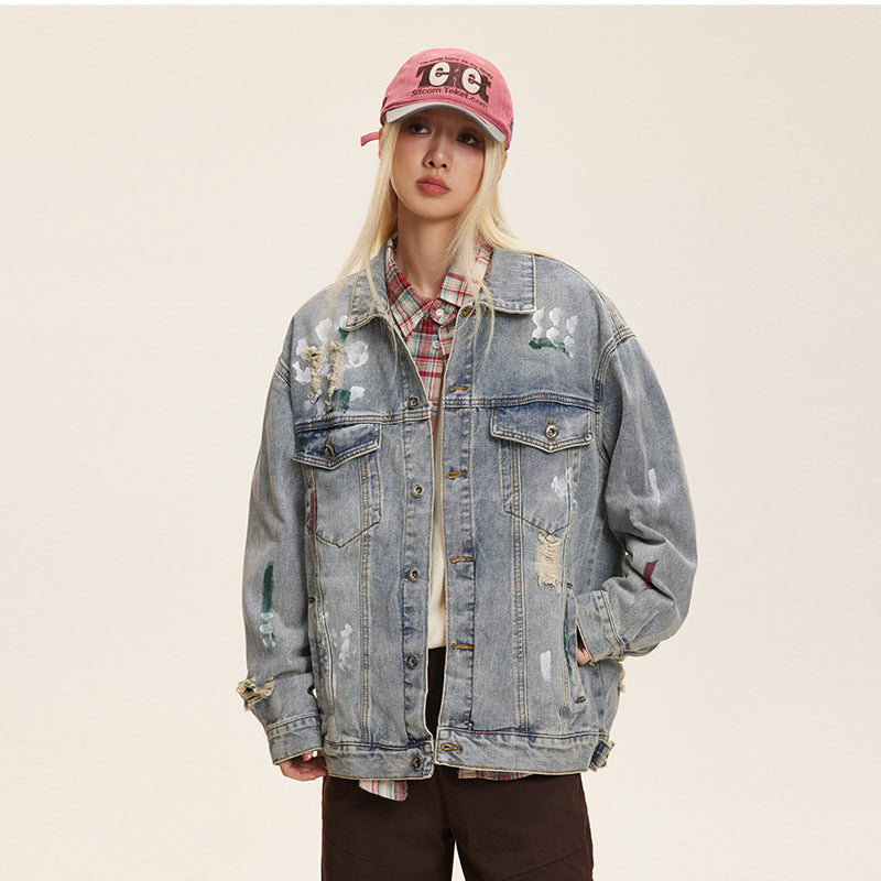 Washed Graffiti Ripped Denim Coat Design Jacket