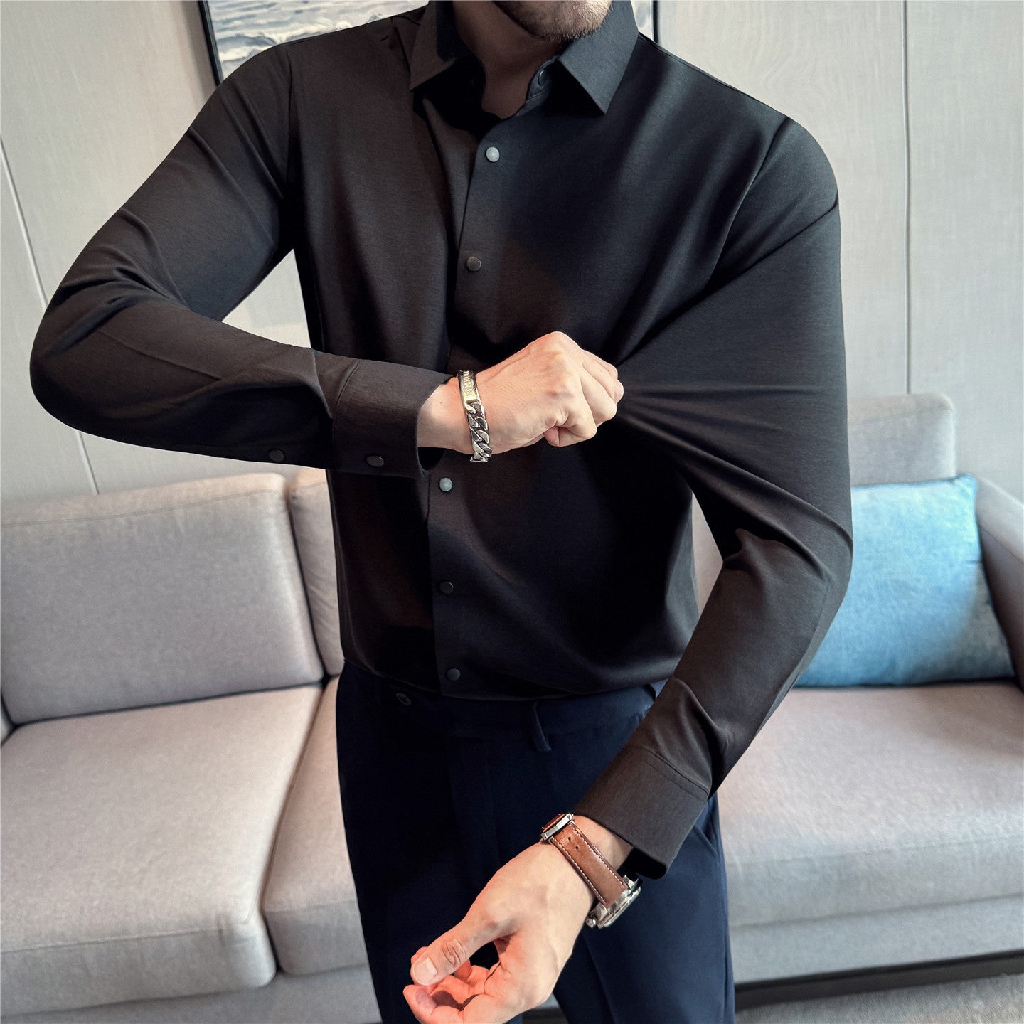 Thickened Mens Seamless Stretch Four-Button Shirt