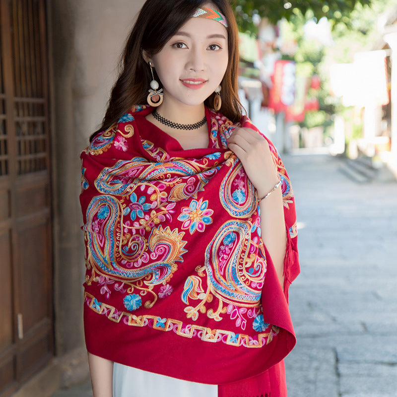 Embroidered Ethnic-Style Great Wall Cashew-Pattern Embroidery Cashmere Scarf