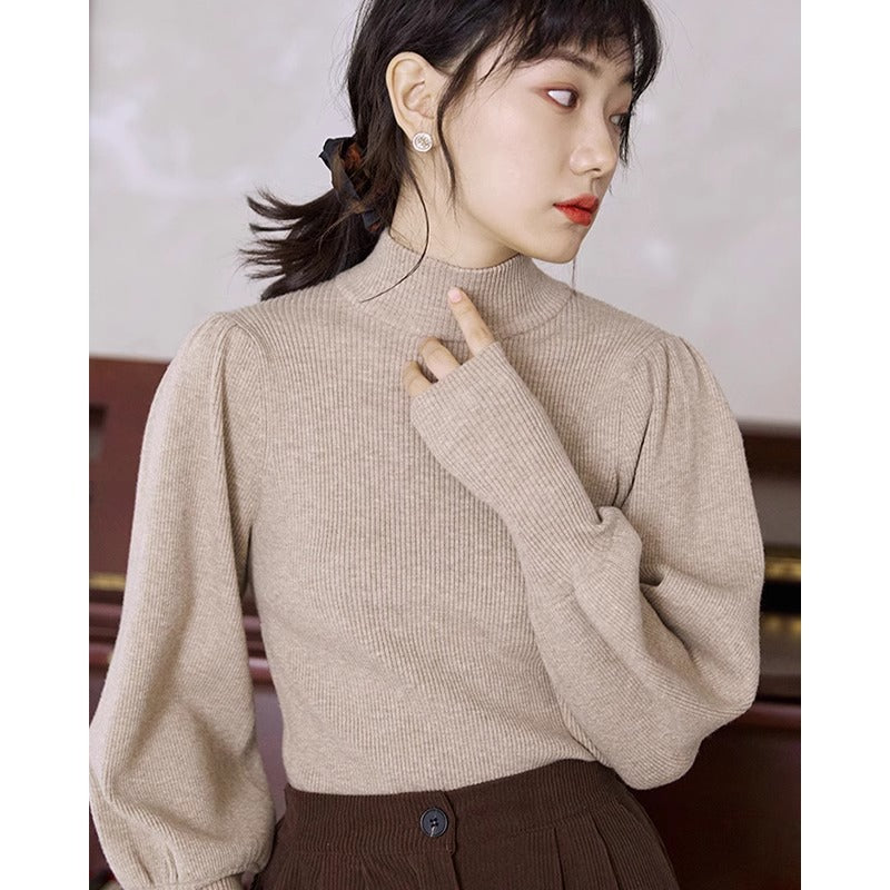 Womens French-style Puff-sleeve Mock-neck Base Layer Top