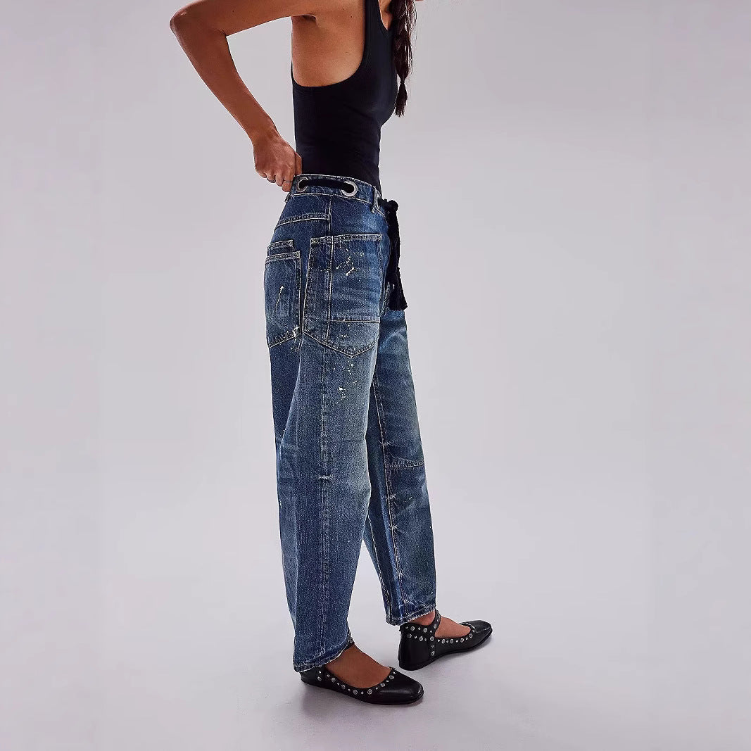 Women's Loose Straight Drawstring Splash-ink Design Casual Jeans