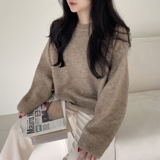 Korean Style Sweater Idle Style Casual Loose Solid Color Round Neck Sweater