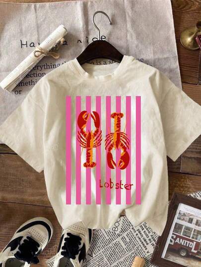 Casual Round Neck Short Sleeves Lobster Print Gra