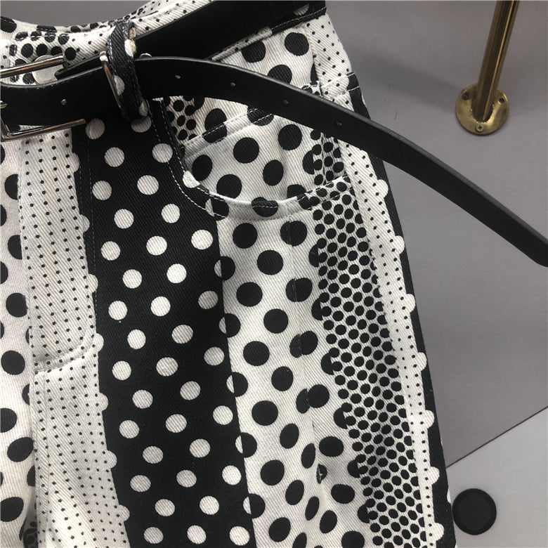 Women's Versatile Polka Dot Printed And Dyed Denim Trousers
