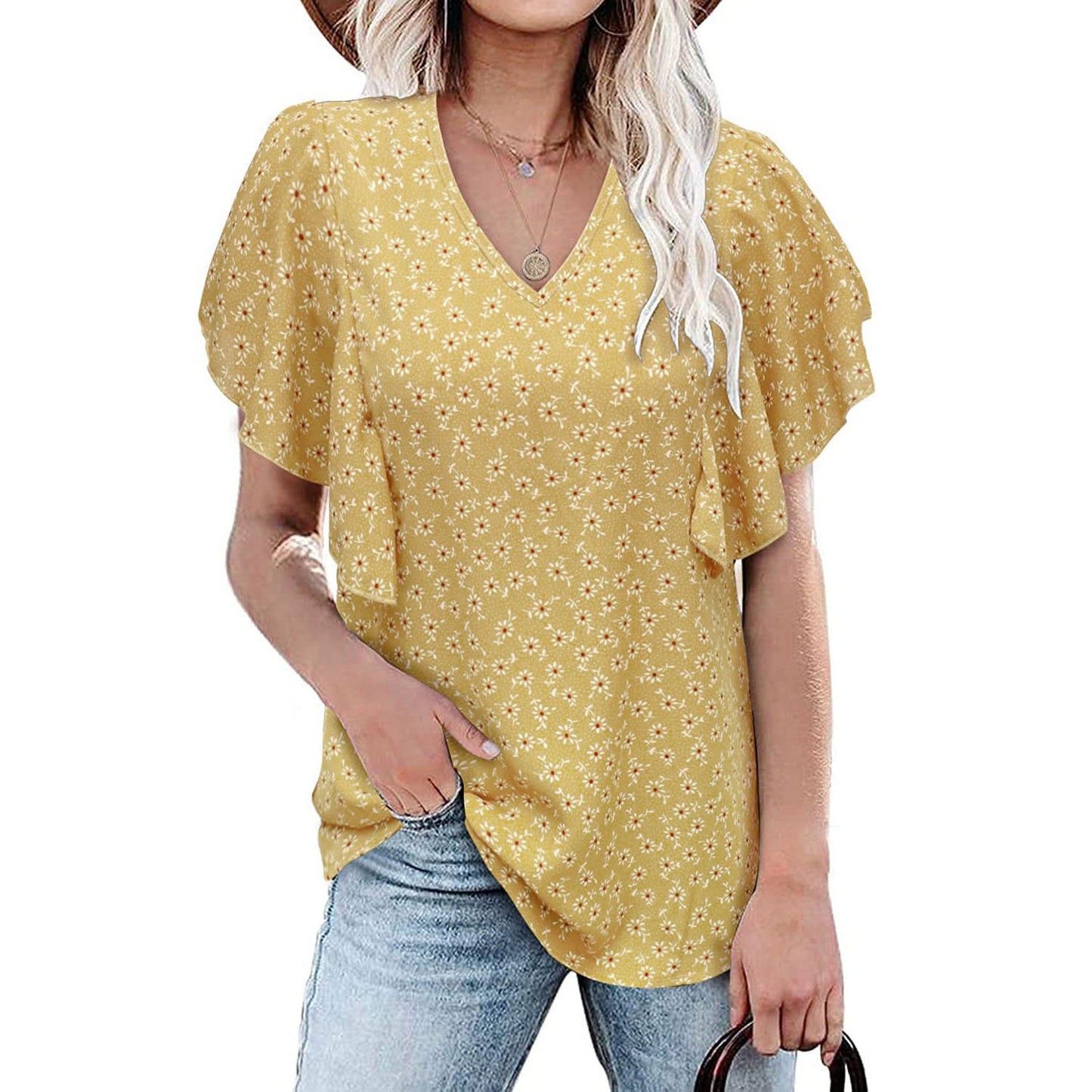 V Neck Floral Pleated Shirt Casual Short Sleeve Loose Top