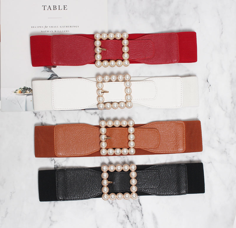 Pearl buckle black wide waist women