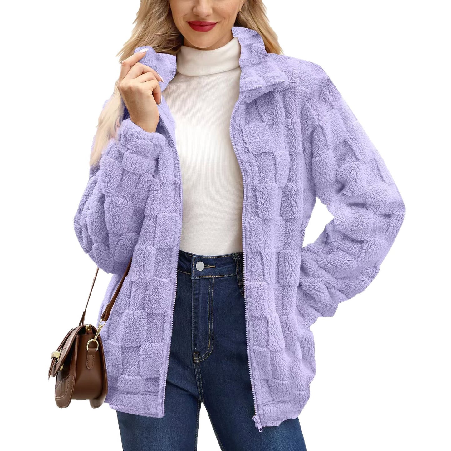 Women's Zipped Stand Collar Loose Jacquard Square Plaid Plush Coat