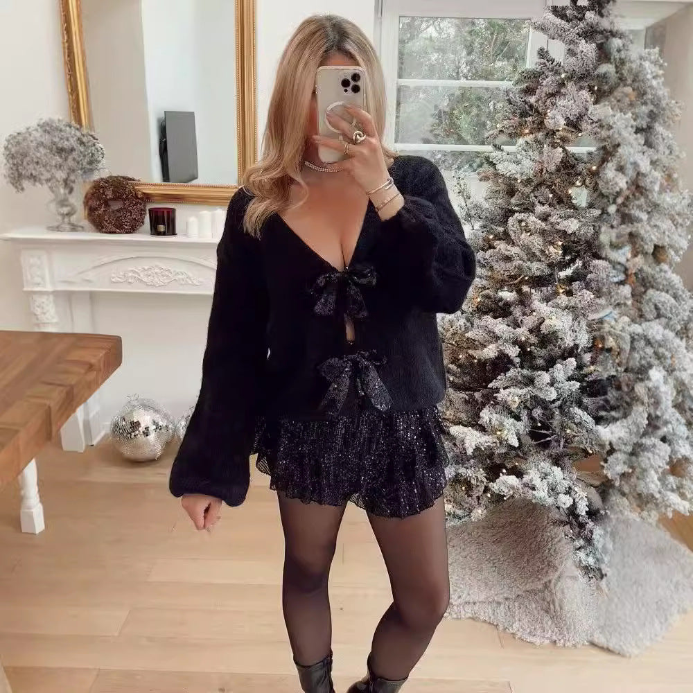 Women's Sequined Bowknot Decoration Loose Knitted Sweater