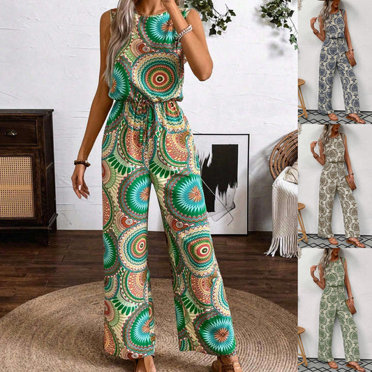 Dame jumpsuit med print, ærmeløs og lige snit
