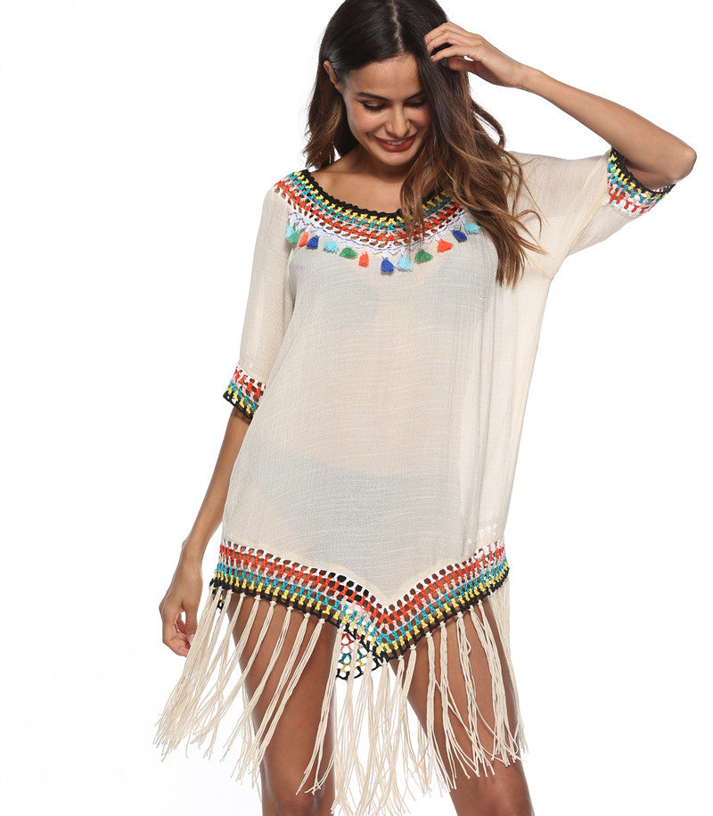 Hollow-out Rainbow Tassel V-Neck Hand Hook Beach Blouse