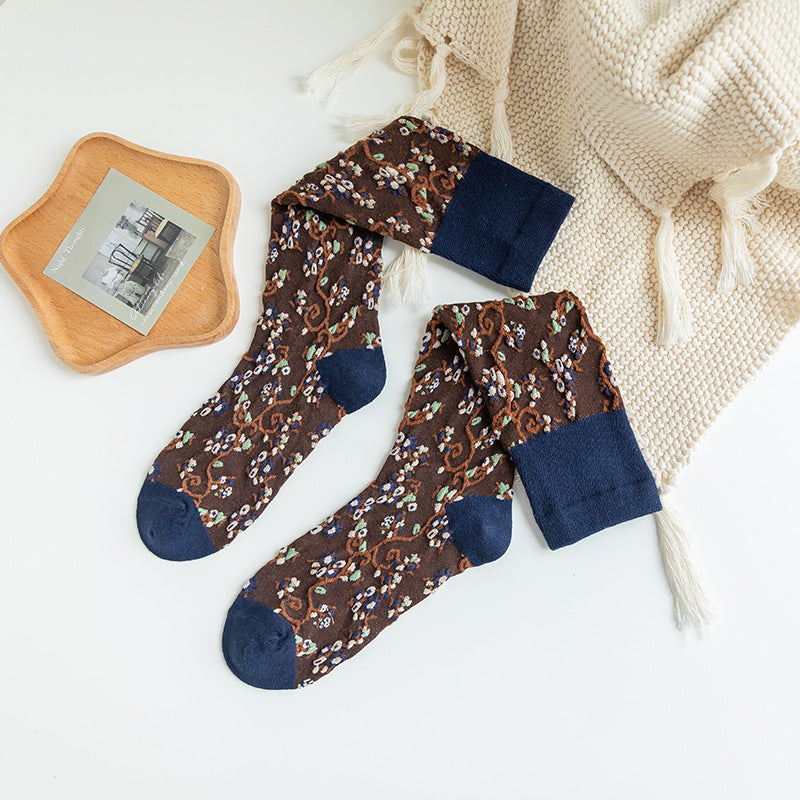Women's Autumn And Winter Combed Cotton Floral Long Tube Socks