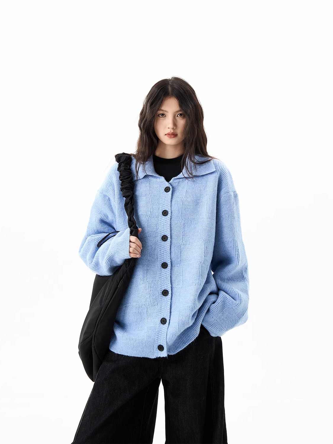 American Retro Blue Plaid Cardigan Sweater