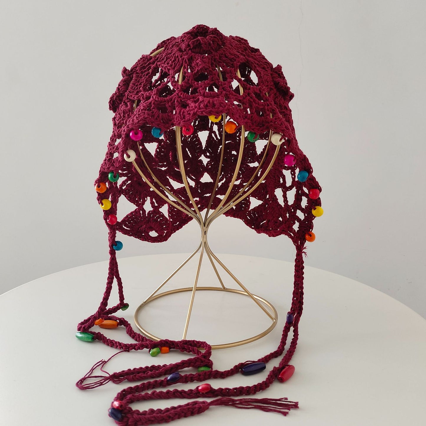 Flower Tassel Knitted Hat Pure Cotton Handmade Colorful Beads Retro Hollow