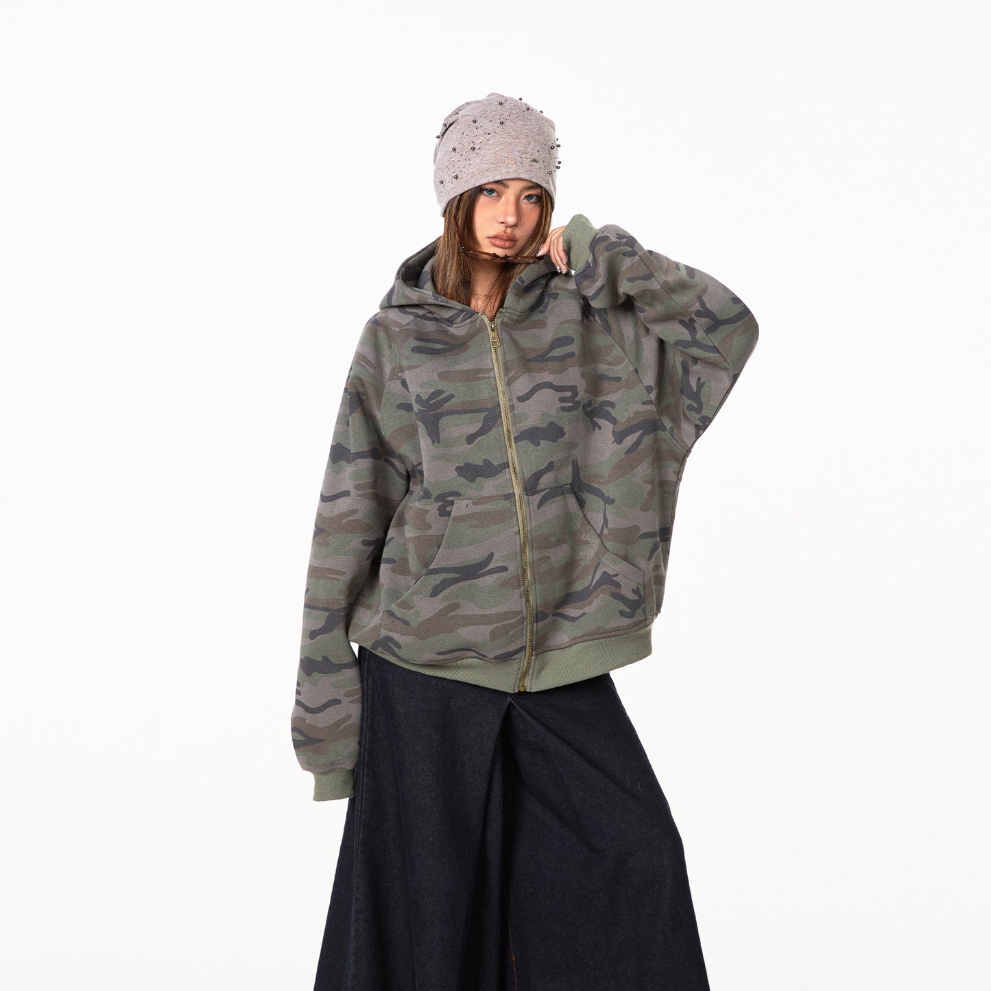 Retro Camouflage Hooded Sweater For Women Loose Cardigan Coat