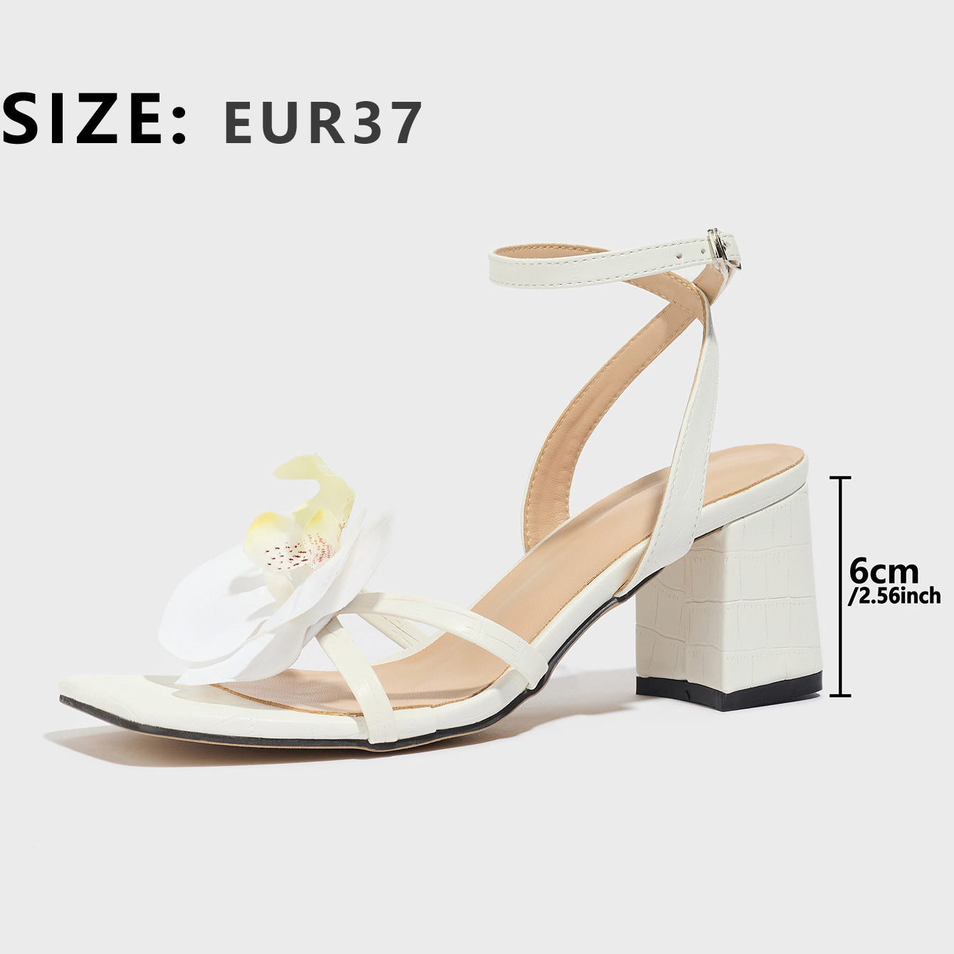 Women's Square Toe Three-dimensional Flower Solid Color Chunky Heel Sandals