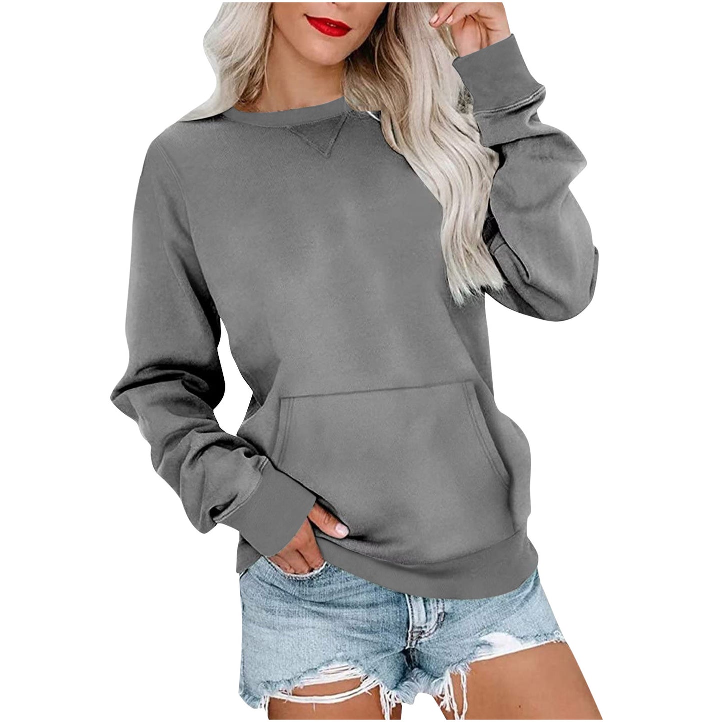 Ensfarvet pullover sweatshirt med lomme moderigtig løs rund hals langærmet top dametøj