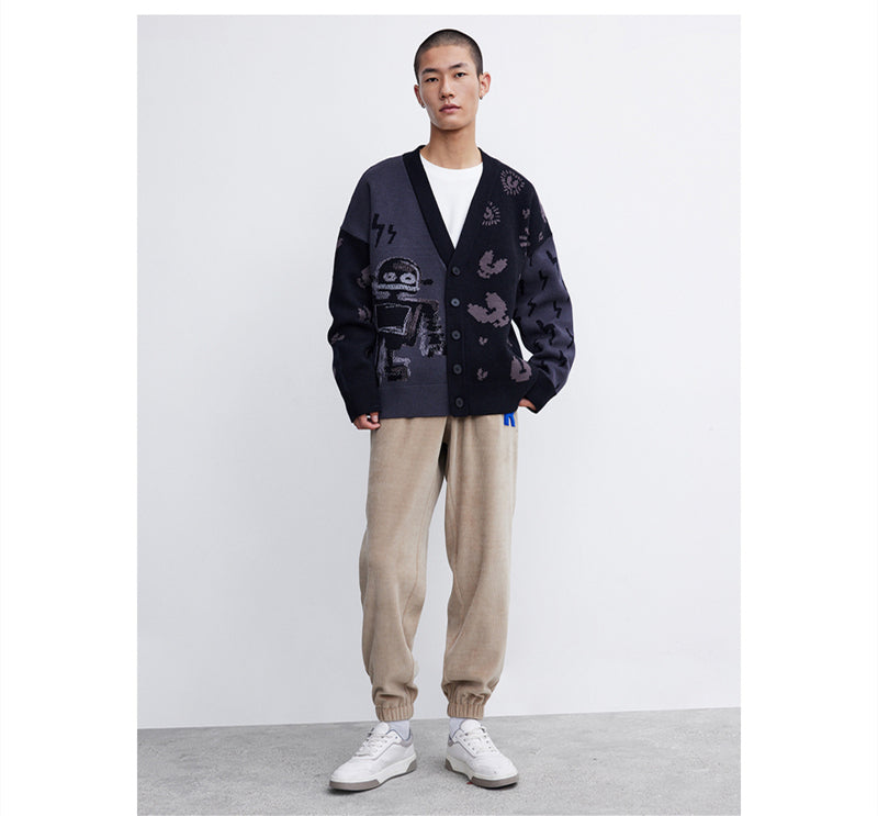 Men's Trendy Funny Robot Jacquard Sweater Knit Jacket