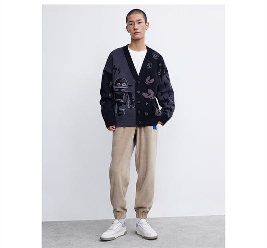 Men's Trendy Funny Robot Jacquard Sweater Knit Jacket