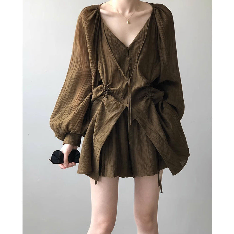 Korean-style V-neck Lace-up Shirt And Wide-leg Shorts Two-piece Set For Women