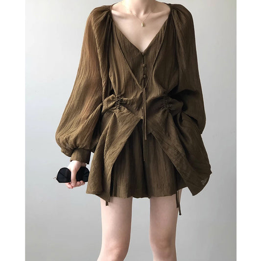 Korean-style V-neck Lace-up Shirt And Wide-leg Shorts Two-piece Set For Women