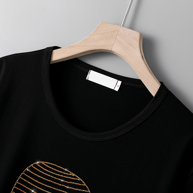 Dame T-shirt med korte ærmer i bomuld og diamanter, plus size