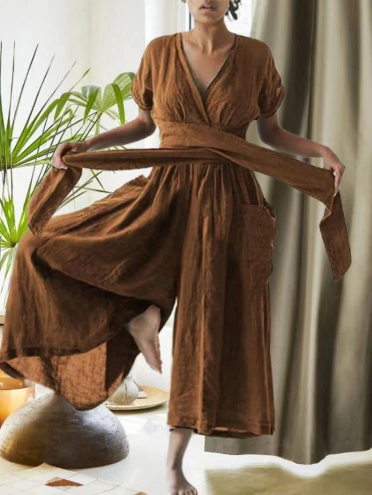V-neck Short Sleeve Solid Color Loose Casual Jumpsuit