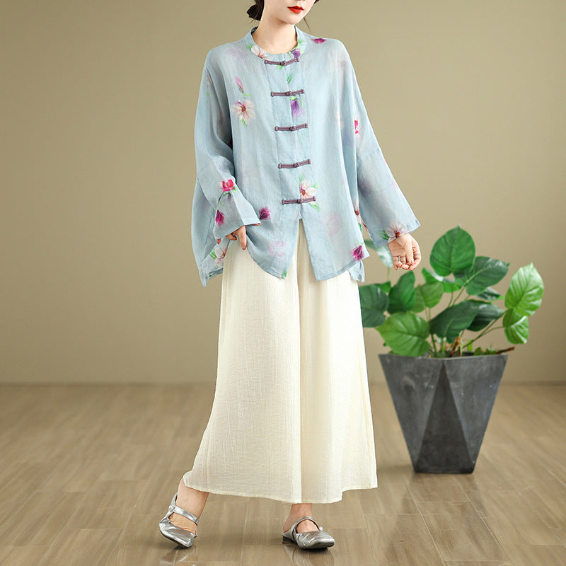 Ramie Frog Button Cardigan Coat All-match Suit