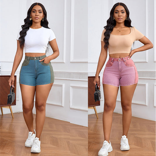 New Womens Patchwork Denim Shorts