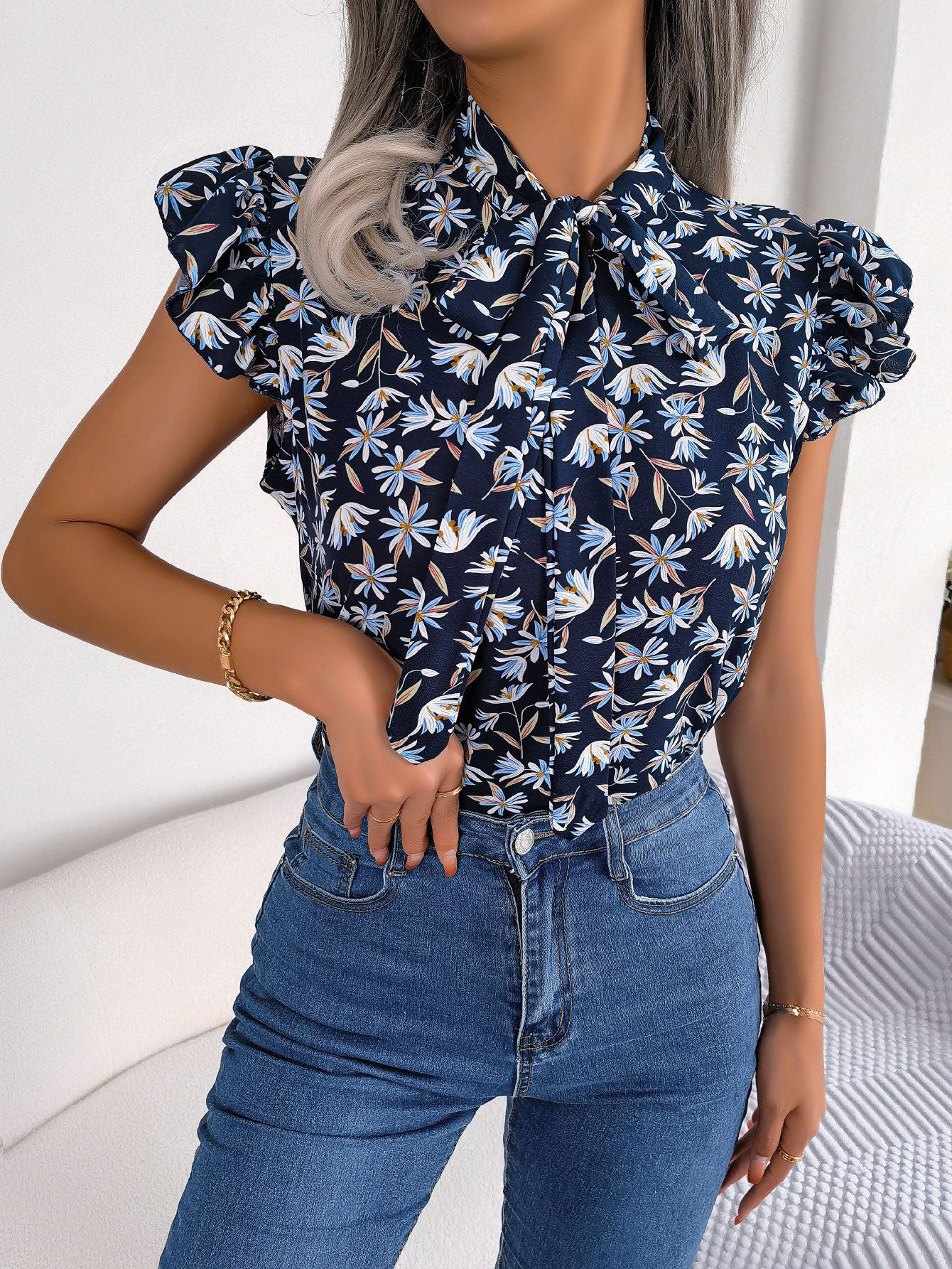 Women's Casual Floral Print Ruffle Trim Tie Bow Chiffon Blouse